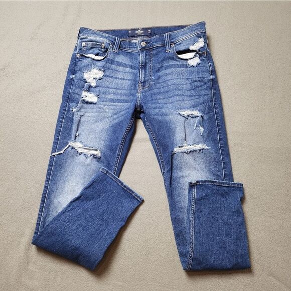 Mens Jeans Distressed blue ripped Hollister skinny jeans Advanced Stretch Sz 34 - Picture 3 of 11